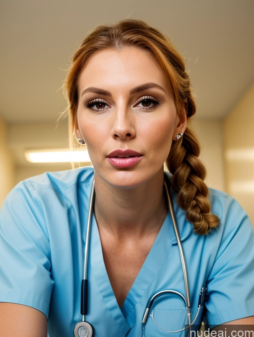 ai nude image of arafed woman in a blue scrub suit with a stethoscope pics of Milf Beautiful Tall 20s German Ginger Braided Hospital Nurse Gold Jewelry Bright Lighting Detailed Seductive Pouting Lips Sexy Face Serious Close-up View Blowjob