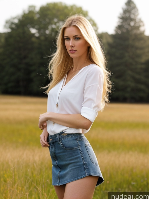 ai nude image of blonde woman in a field of tall grass with a white shirt pics of Woman One Big Ass Long Legs Fairer Skin Perfect Body 20s Serious Seductive Sexy Face Blonde Russian Casual Blouse Short Shorts Alternative Mini Skirt Boots Long Hair Dark Lighting Meadow Close-up View