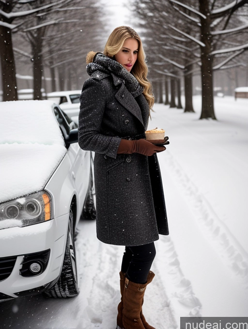 ai nude image of woman in winter coat holding a plate of food in front of a car pics of Woman One Big Ass Long Legs Fairer Skin Perfect Body 20s Serious Seductive Sexy Face Blonde Russian Alternative Boots Dark Lighting Snow Trench Coat Scarf Gloves Long Hair Side View Eating