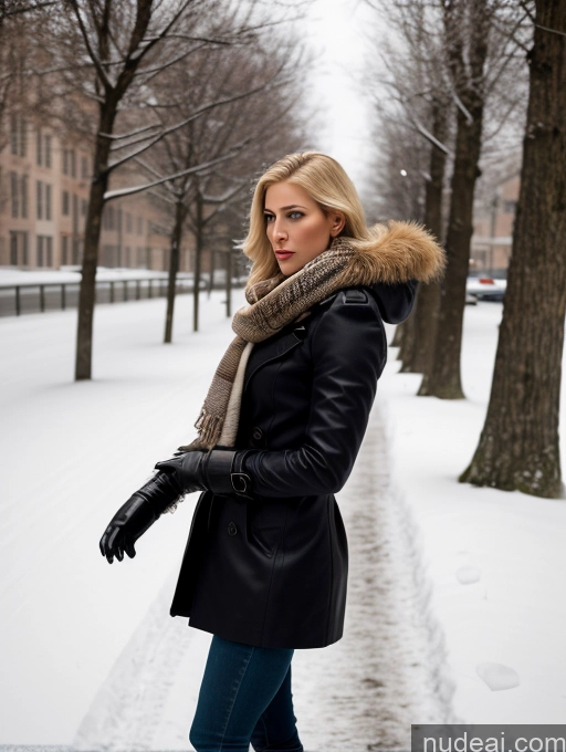 ai nude image of blond woman in winter coat and scarf walking on sidewalk in park pics of Woman One Big Ass Long Legs Fairer Skin Perfect Body 20s Serious Seductive Sexy Face Blonde Russian Alternative Boots Dark Lighting Snow Trench Coat Scarf Gloves Long Hair Side View Eating