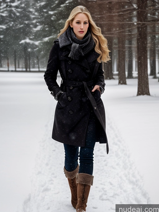 ai nude image of arafed woman in a black coat and boots standing in the snow pics of Woman One Big Ass Long Legs Fairer Skin Perfect Body 20s Serious Seductive Sexy Face Blonde Russian Alternative Boots Dark Lighting Snow Trench Coat Scarf Gloves Long Hair Side View Eating