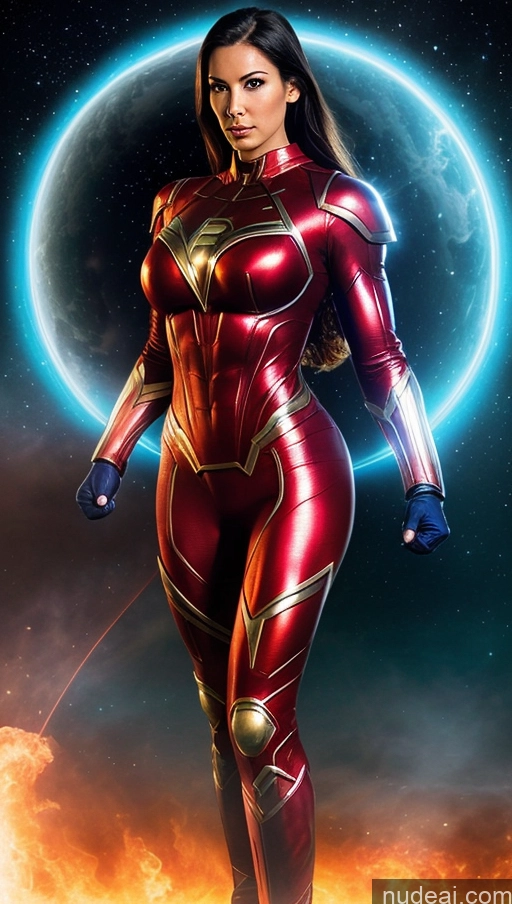 ai nude image of a woman in a red suit standing in front of a planet pics of Several Superheroine Perfect Boobs Muscular Abs Perfect Body Science Fiction Style Superhero Powering Up Sci-fi Armor