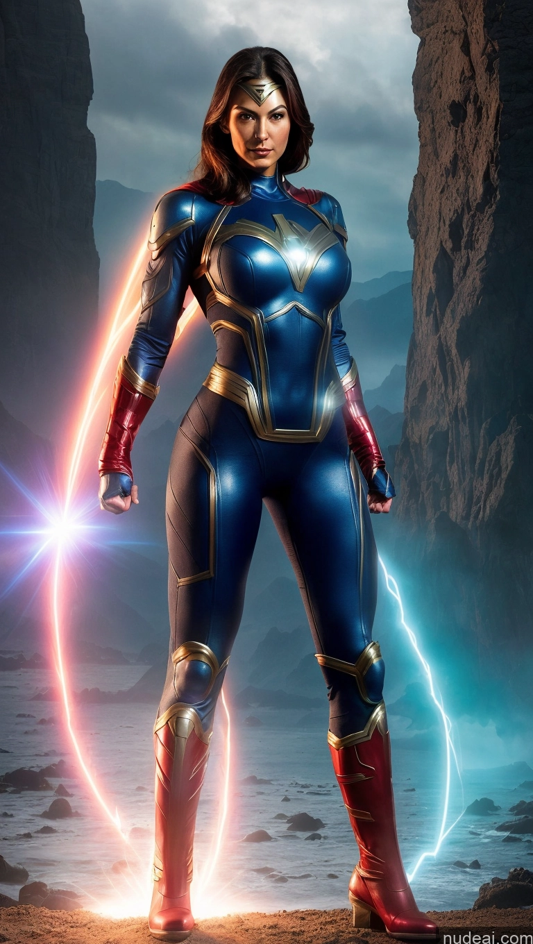 ai nude image of arafed woman in a blue and gold costume standing in front of a mountain pics of Several Superheroine Perfect Boobs Muscular Abs Perfect Body Science Fiction Style Superhero Powering Up Sci-fi Armor