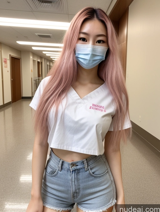 ai nude image of arafed woman with pink hair wearing a mask and denim shorts pics of Small Tits Beautiful Big Ass Thick Skinny Big Hips Long Legs Tall Pubic Hair 18 Serious Long Hair Japanese Fairer Skin Front View Short Chubby Pink Hair Casual Face Mask Hospital