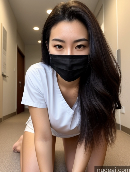 ai nude image of arafed woman in a white shirt and black mask crouching down pics of Small Tits Beautiful Big Ass Thick Skinny Big Hips Long Legs Tall Pubic Hair 18 Serious Long Hair Japanese Fairer Skin Front View Short Chubby Casual Face Mask Hospital Black Hair On Back