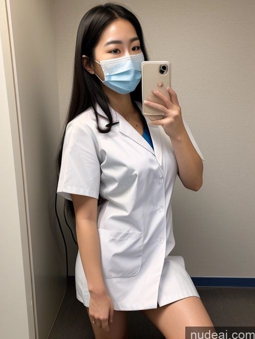 ai nude image of arafed woman in a white lab coat and a face mask taking a selfie pics of Small Tits Beautiful Big Ass Thick Skinny Big Hips Long Legs Tall Pubic Hair 18 Serious Long Hair Japanese Fairer Skin Front View Short Chubby Face Mask Hospital Black Hair On Back Doctor Huge Boobs