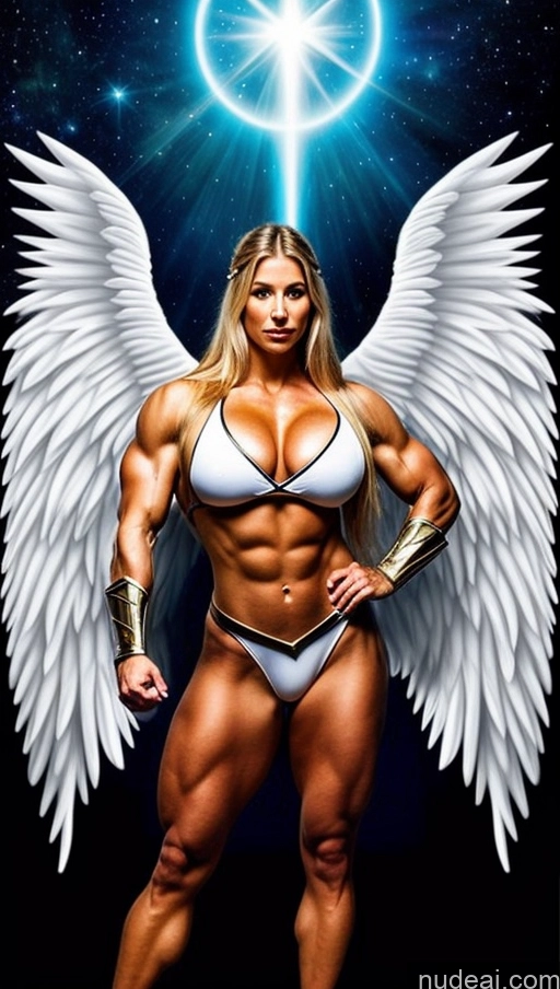 ai nude image of a woman with angel wings and a cross on her chest pics of Several Muscular Abs Superhero Bodybuilder Huge Boobs Perfect Body Science Fiction Style Powering Up Angel Viking