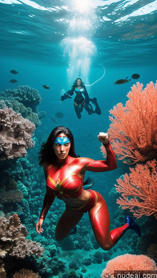 ai nude image of there is a woman in a red bikini and goggles swimming in the ocean pics of Several Muscular Abs Perfect Body Science Fiction Style Powering Up Underwater Superhero Superheroine Perfect Boobs