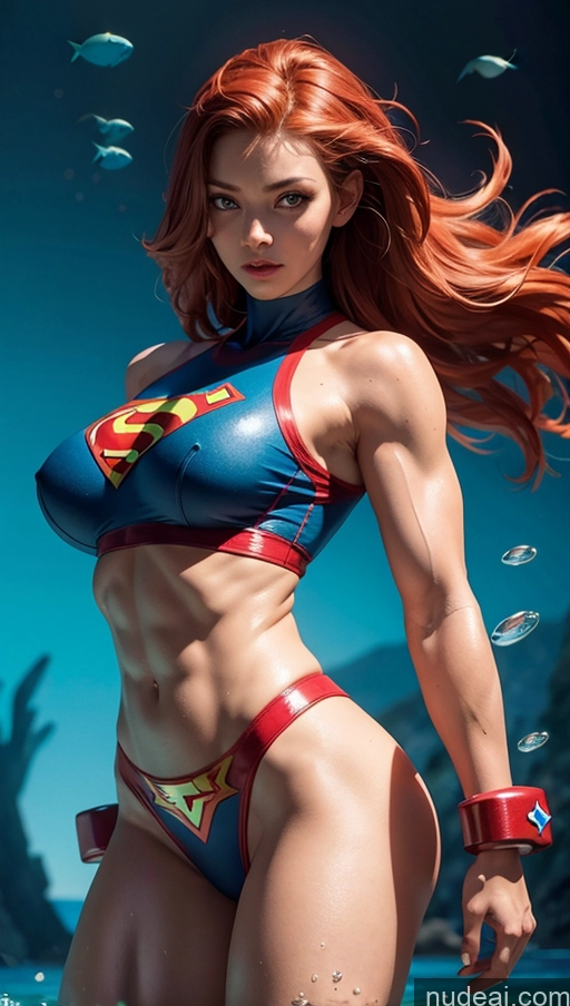 ai nude image of a close up of a woman in a bikini with a superman costume pics of Several Muscular Abs Perfect Body Science Fiction Style Powering Up Underwater Superhero Superheroine Perfect Boobs