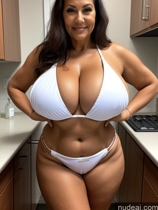 ai nude image of araffe woman in a white bikini posing in a kitchen pics of Milf 70s One Busty Huge Boobs Tanned Skin Front View Microkini Thong Brazilian Lab Coat Professor