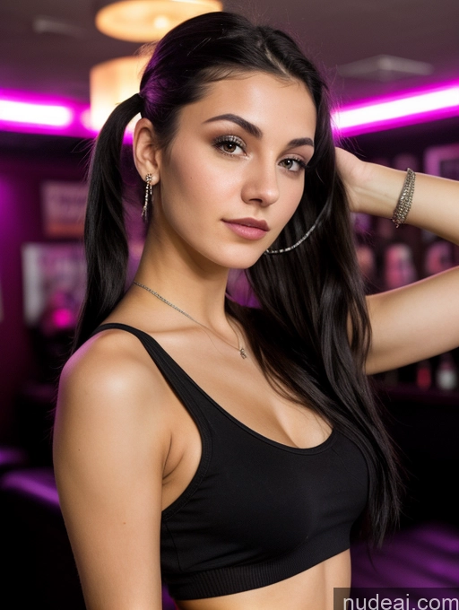 ai nude image of arafed woman in a black top and silver bracelets posing for a picture pics of Small Tits Beautiful Skinny 18 Black Hair Russian Close-up View Tank Top Strip Club Pigtails Goth