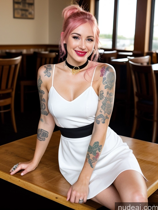 ai nude image of there is a woman with pink hair sitting on a table pics of Small Tits Skinny Short Fairer Skin Happy British Jewelry Gold Jewelry One Woman High Heels Pink Hair Eating Dress Choker Mini Skirt Diamond Jewelry Wine Tattoos Lipstick 20s Ponytail Restaurant