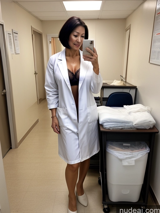 ai nude image of arafed woman in a lab coat taking a selfie in a hospital hallway pics of Milf Perfect Boobs Perfect Body 60s Bobcut Chinese Hospital Doctor Lab Coat Panties Cleavage Partially Nude