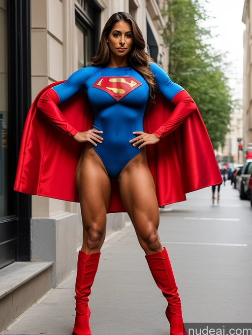 ai nude image of araffe woman in a superman costume posing on a city street pics of Superhero Huge Boobs Abs Big Hips Long Legs Tall Perfect Body Pubic Hair Tanned Skin Perfect Boobs Big Ass Muscular Busty Athlete Street