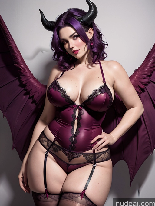 ai nude image of purple haired woman in lingerie with devil wings and garters pics of Thick Chubby Fat Devil Angel Milf Lingerie Stockings Purple Hair