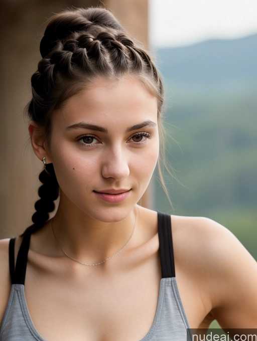 ai nude image of arafed woman with braids and a gray top looking at the camera pics of Small Tits Beautiful Skinny 18 Black Hair Russian Close-up View Tank Top Braided