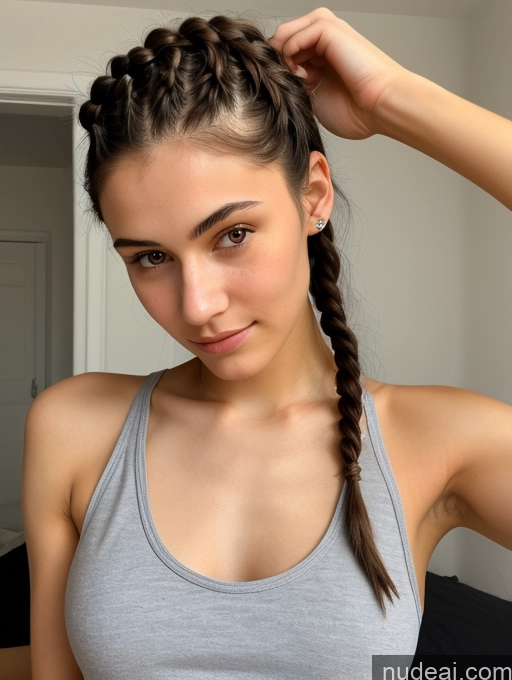 ai nude image of there is a woman with a braid in her hair pics of Skinny Braided Straight Small Tits Beautiful 18 Black Hair Russian Close-up View Tank Top