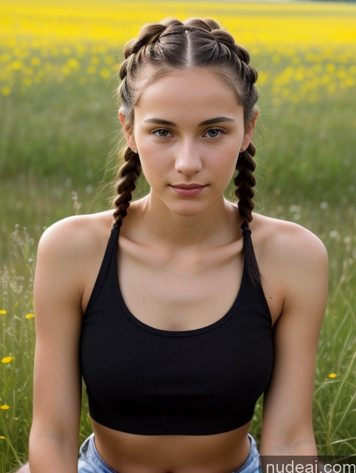 ai nude image of arafed woman sitting in a field of flowers with a black top pics of Small Tits Beautiful Skinny 18 Black Hair Russian Close-up View Tank Top Braided Meadow