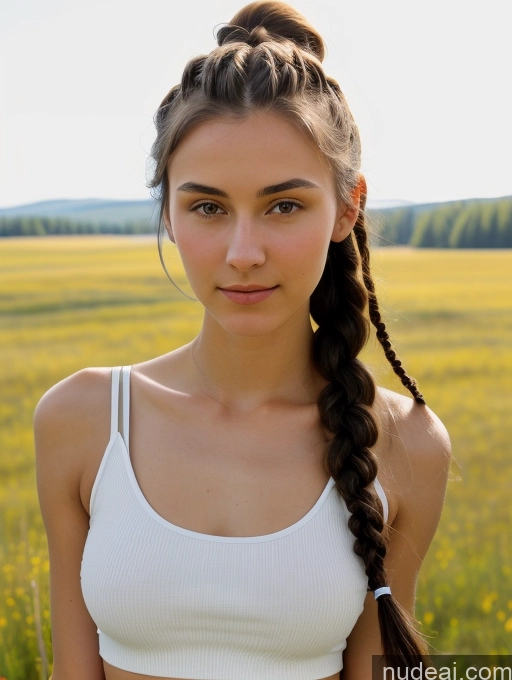 ai nude image of arafed woman with long hair in a white top standing in a field pics of Small Tits Beautiful Skinny 18 Black Hair Russian Close-up View Tank Top Braided Meadow