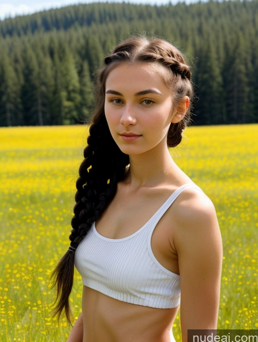 ai nude image of arafed woman with long hair standing in a field of flowers pics of Small Tits Beautiful Skinny 18 Black Hair Russian Close-up View Tank Top Braided Meadow