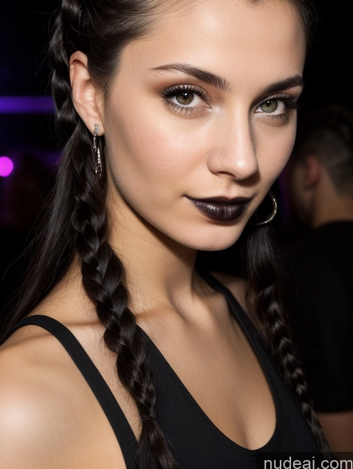 ai nude image of arafed woman with black lipstick and braided hair at a party pics of Small Tits Beautiful Skinny 18 Black Hair Russian Close-up View Tank Top Braided Club Goth