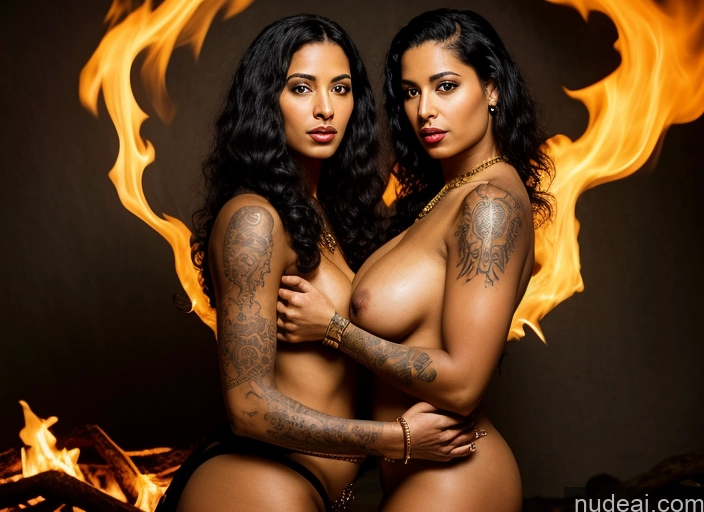 ai nude image of two women with tattoos on their arms and chest standing in front of a fire pics of Woman + Man Beautiful Big Ass Abs Thick Fat Big Hips Long Legs Tall 30s Black Hair Nude Medieval Gold Jewelry Detailed Hell Brazilian Perfect Boobs Dark Skin Tattoos Lipstick Devil Two