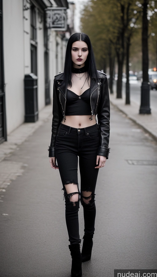 ai nude image of arafed woman in black leather jacket and ripped jeans walking down a street pics of Small Tits Beautiful Skinny 18 Black Hair Straight Russian Jeans Goth Street