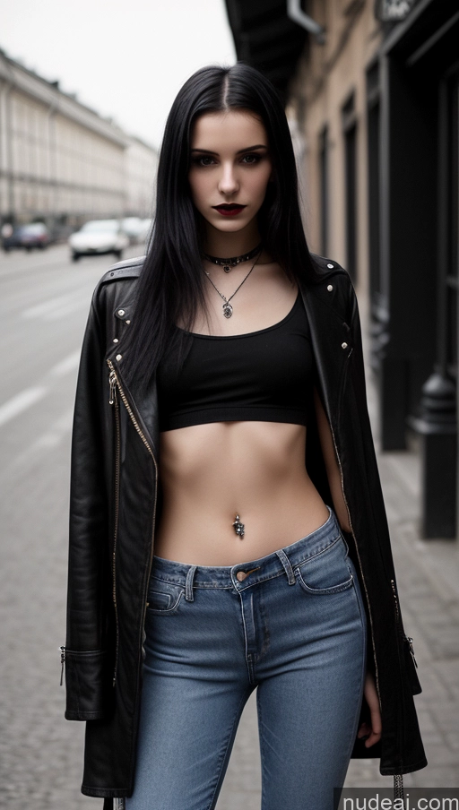 ai nude image of arafed woman in black top and jeans standing on a sidewalk pics of Small Tits Beautiful Skinny 18 Black Hair Straight Russian Jeans Goth Street