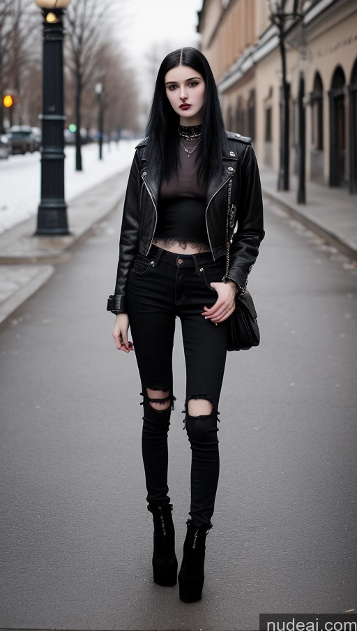 ai nude image of arafed woman in black jacket and ripped jeans standing on street pics of Small Tits Beautiful Skinny 18 Black Hair Straight Russian Jeans Goth Street