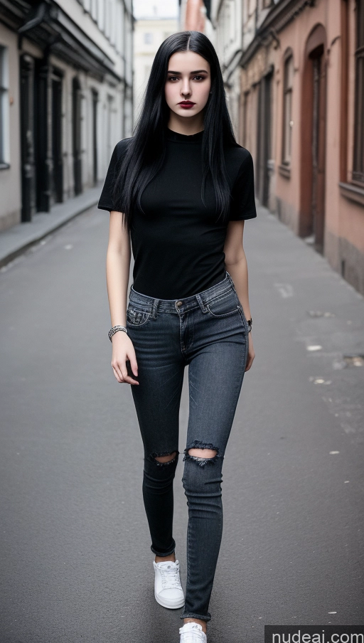 ai nude image of arafed woman with long black hair and white sneakers standing in a narrow alleyway pics of Small Tits Beautiful Skinny 18 Black Hair Straight Russian Jeans Goth Street Shirt