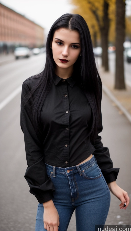 ai nude image of arafed woman with long black hair and a black shirt pics of Small Tits Beautiful Skinny 18 Black Hair Straight Russian Jeans Goth Street Shirt Close-up View