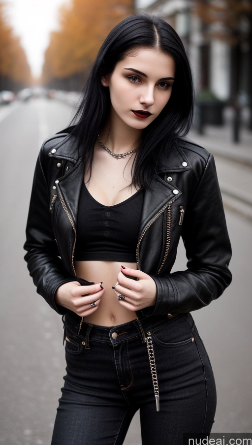 ai nude image of arafed woman in black leather jacket and jeans standing on street pics of Small Tits Beautiful Skinny 18 Black Hair Straight Russian Jeans Goth Street Close-up View