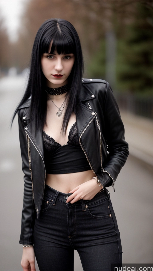 ai nude image of araffe woman in black leather jacket and black jeans posing for a picture pics of Small Tits Beautiful Skinny 18 Black Hair Straight Russian Jeans Goth Street Close-up View