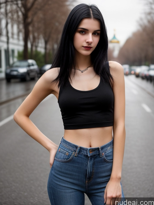 ai nude image of arafed woman in black top and jeans standing on street with cars pics of Small Tits Beautiful Skinny 18 Black Hair Straight Russian Jeans Goth Street Close-up View Tank Top