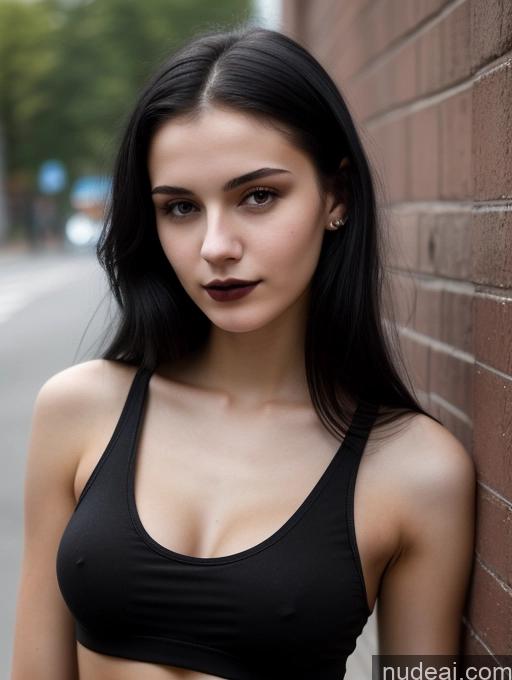 ai nude image of arafed woman in a black top leaning against a brick wall pics of Small Tits Beautiful Skinny 18 Black Hair Straight Russian Jeans Goth Street Close-up View Tank Top