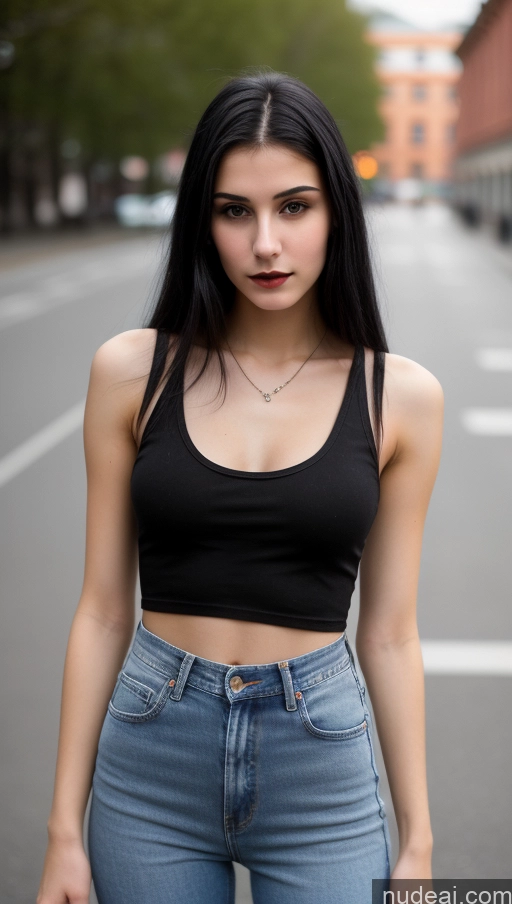 ai nude image of arafed woman in black top and jeans standing on street pics of Small Tits Beautiful Skinny 18 Black Hair Straight Russian Jeans Goth Street Close-up View Tank Top