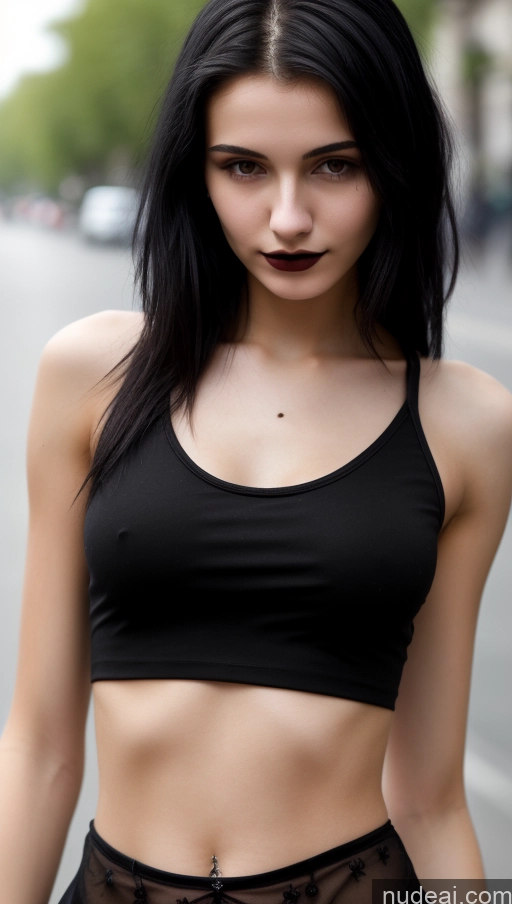 ai nude image of arafed woman in black top and sheer pants on street pics of Small Tits Beautiful Skinny 18 Black Hair Straight Russian Goth Street Close-up View Tank Top