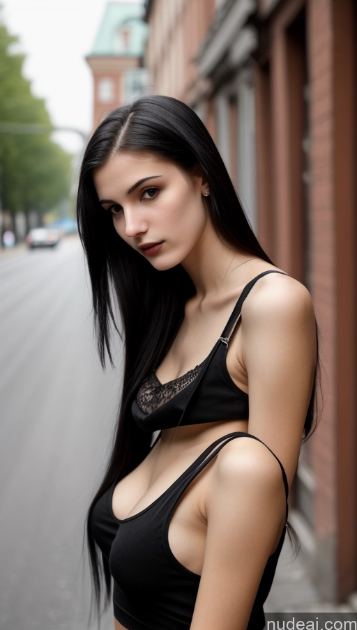 ai nude image of arafed woman in a black top and black pants posing for a picture pics of Small Tits Beautiful Skinny 18 Black Hair Straight Russian Goth Street Close-up View Tank Top