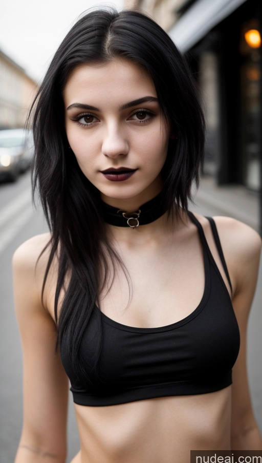 ai nude image of arafed woman with black hair and a choke on her neck pics of Small Tits Beautiful Skinny 18 Black Hair Straight Russian Goth Street Close-up View Tank Top