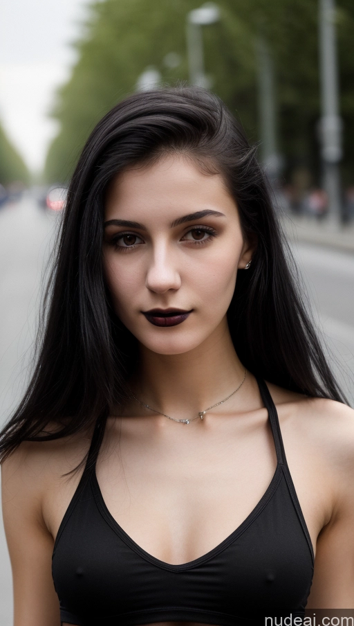 ai nude image of arafed woman with long black hair and a black bra top pics of Small Tits Beautiful Skinny 18 Black Hair Straight Russian Goth Street Close-up View Tank Top