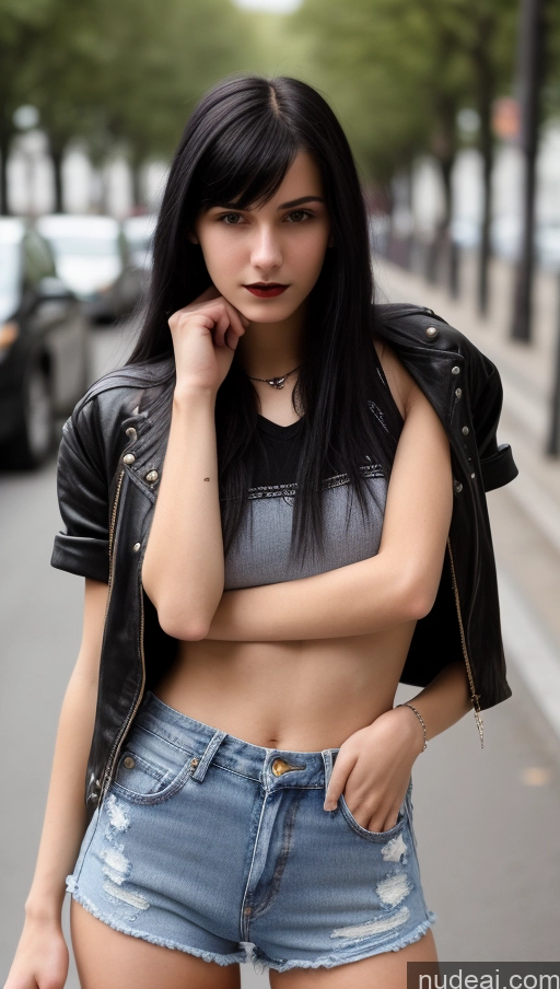 ai nude image of arafed woman in a black leather jacket and denim shorts pics of Small Tits Beautiful Skinny 18 Black Hair Straight Russian Goth Street Close-up View Daisy Dukes