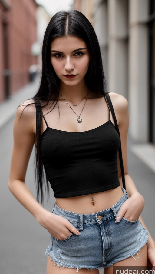 ai nude image of arafed woman in a black top and denim shorts posing for a picture pics of Small Tits Beautiful Skinny 18 Black Hair Straight Russian Goth Street Close-up View Daisy Dukes