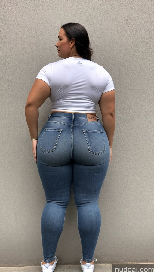 ai nude image of araffe butt lifter in jeans and white shirt standing against a wall pics of Athlete Big Hips Big Ass Jeans