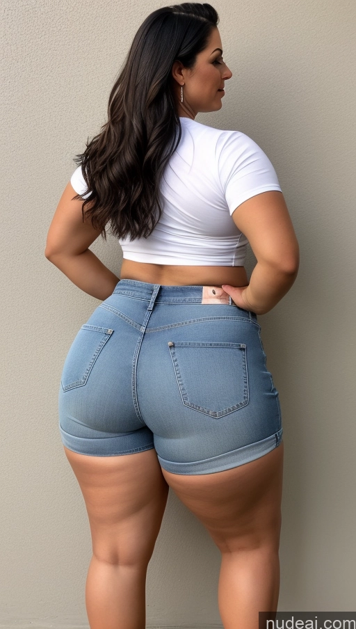 ai nude image of araffe woman in a white shirt and blue shorts posing for a picture pics of Athlete Big Hips Big Ass Jeans Short Shorts