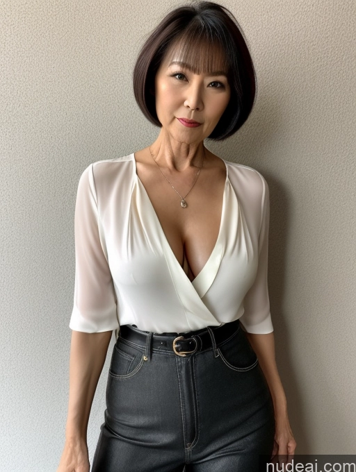 ai nude image of araffe woman in a white top and black pants posing for a picture pics of Milf Two Chinese Blouse Casual Stylish Cleavage Dark Lighting Detailed 60s Sexy Face Short Hair