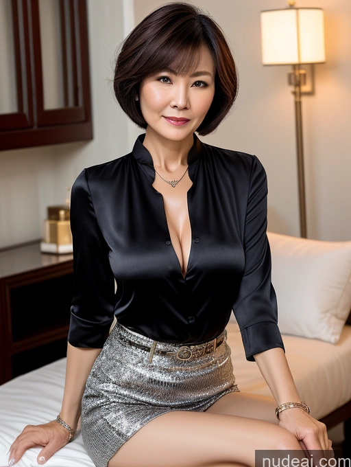 ai nude image of there is a woman sitting on a bed in a room pics of Milf Two Chinese Blouse Casual Stylish Cleavage Dark Lighting Detailed 60s Sexy Face Short Hair