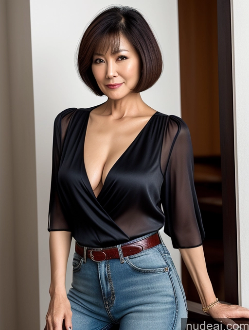 ai nude image of arafed woman in a black top and jeans posing for a picture pics of Milf Two Chinese Blouse Casual Stylish Cleavage Dark Lighting Detailed 60s Sexy Face Short Hair