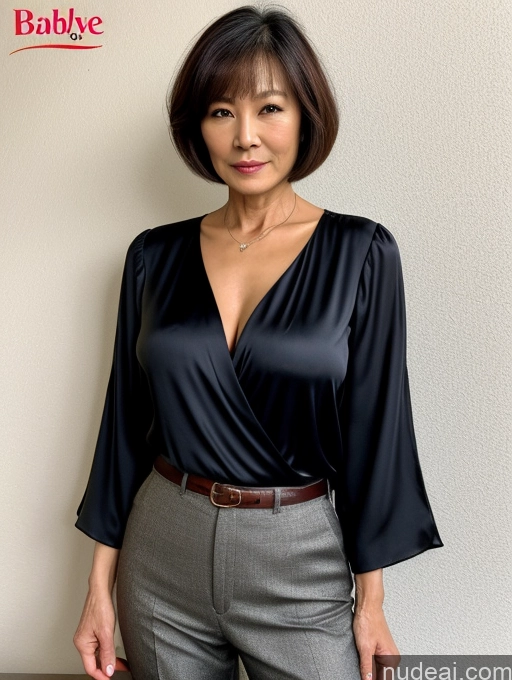 ai nude image of arafed woman in a black blouse and grey pants posing for a picture pics of Milf Two Chinese Blouse Casual Stylish Cleavage Dark Lighting Detailed 60s Sexy Face Short Hair