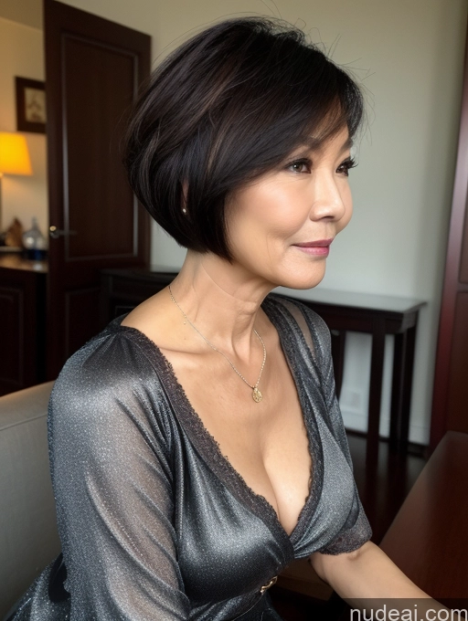 ai nude image of there is a woman sitting at a table with a glass of wine pics of Milf Two Chinese Blouse Casual Stylish Cleavage Dark Lighting Detailed 60s Sexy Face Short Hair