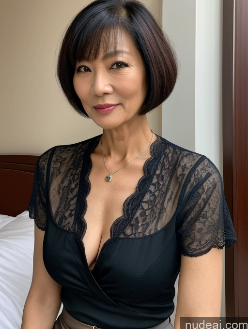 ai nude image of there is a woman in a black dress posing for a picture pics of Milf Two Chinese Blouse Casual Stylish Cleavage Dark Lighting Detailed 60s Sexy Face Short Hair